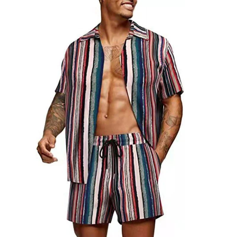 2-piece shirt dress men\'s fashion shirt+shorts 3D two-piece shirt Hawaii beach shirt set boys vacation