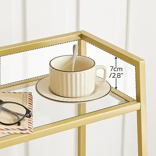 

Three-Level Floor Standing Organizer With Gold-Tone Frame And Tempered Glass Shelves For Bathroom Laundry Toilet Storage