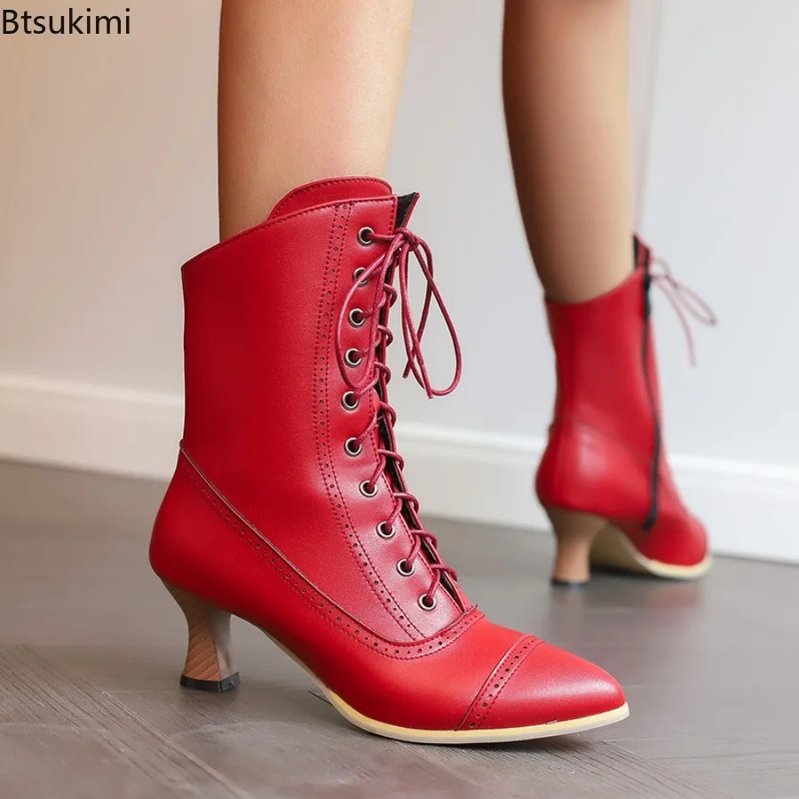 

New 2025 Women's Sexy High Heel Ankle Boots Strange Steampunk Shorts Boots Female Pointed Toe Thick Soled Lace Up Short Boots