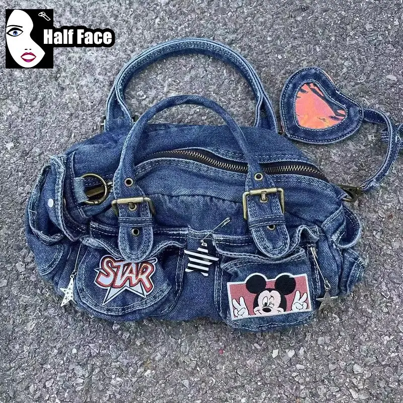 Bolsas de axilas jeans lavadas para mulheres, um ombro, Lolita Mini, menina picante, Harajuku, moda punk gótica, versátil, Y2K