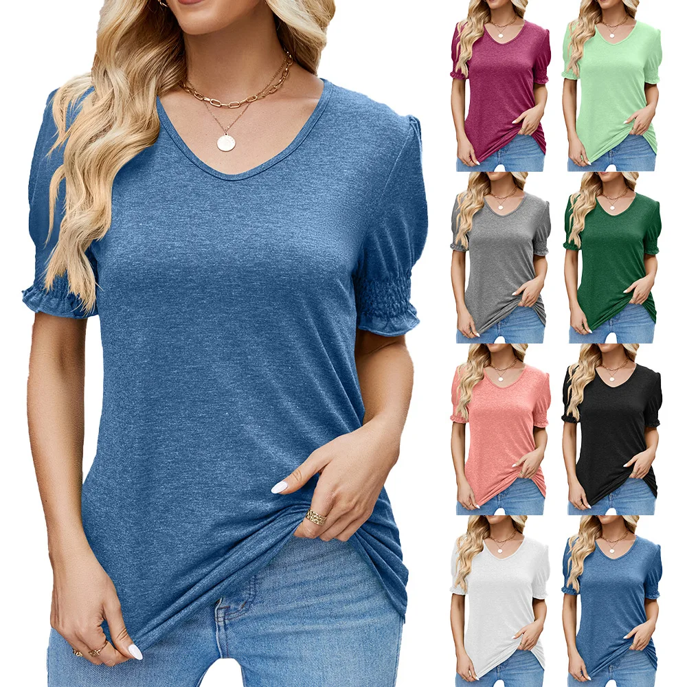 

Women's Pleated Puff Sleeve T-shirt Top, V-neck, Monochromatic, Casual