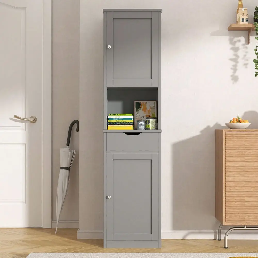 

Высокий напольный шкаф для хранения в ванной, 64 дюйма в высоту, узкий шкаф-паниль с регулируемыми полками, открытыми отсеками