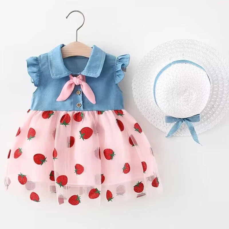 Summer baby girl dress new denim mesh patchwork dress garden dress with hat suitable for 0-4 year old toddler baby girl clothing