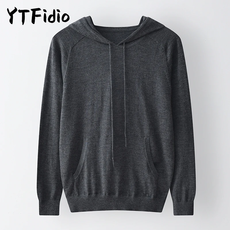 YTFidio 100% Cashmere Women Hooded Sweater with Pockets Hoodie Solid Knitted Tops Sweaters Casual Pullovers Jumpers 48