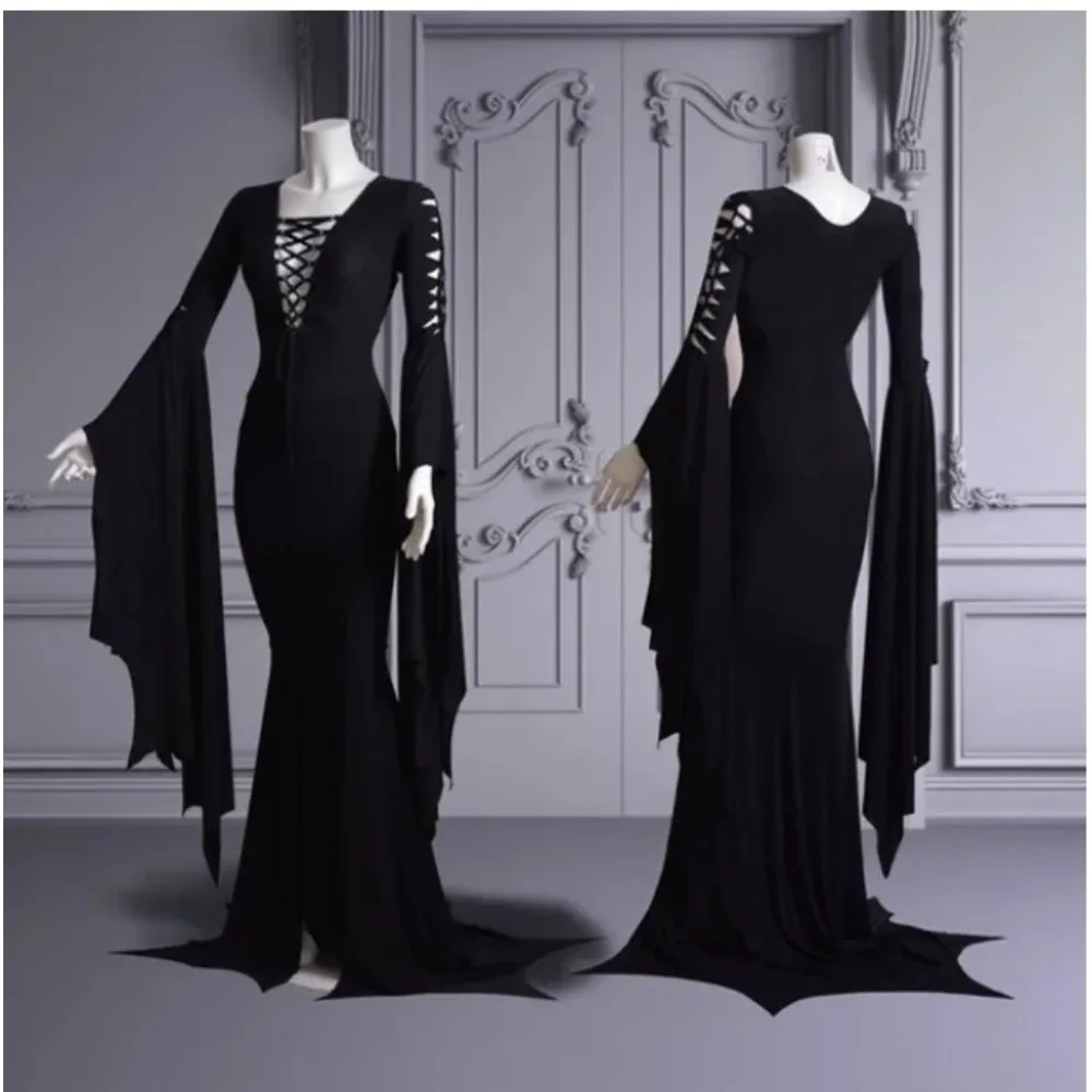 

Morticia Wednesday Style Gothic Cosplay Dress Vintage Lace Up Floor Length Gown for Women Halloween Party Costume