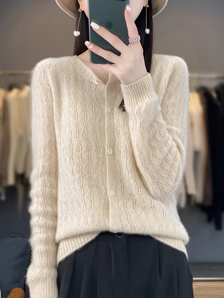 100% Merino Wool Spring Summer Women Sweater O-neck  Long Sleeve Cardigan Hollow Out Soft Knitwear Korean Fashion Women Clothing