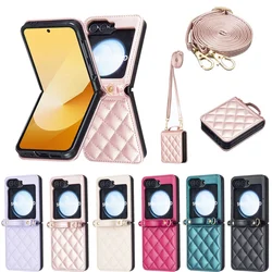 Luxury Crossbody Diamond Leather Case For Samsung Galaxy Z Flip 7 FE 6 5 4 3 5G Flip6 Shoulder Strap Slim Plain Folding Cover