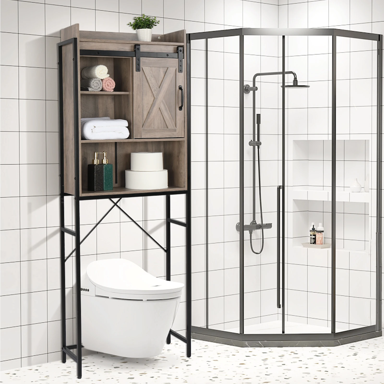 

FCH Retro Style MDF With Triamine Iron Frame Sliding Door Three-Layer Rack Bathroom Cabinet