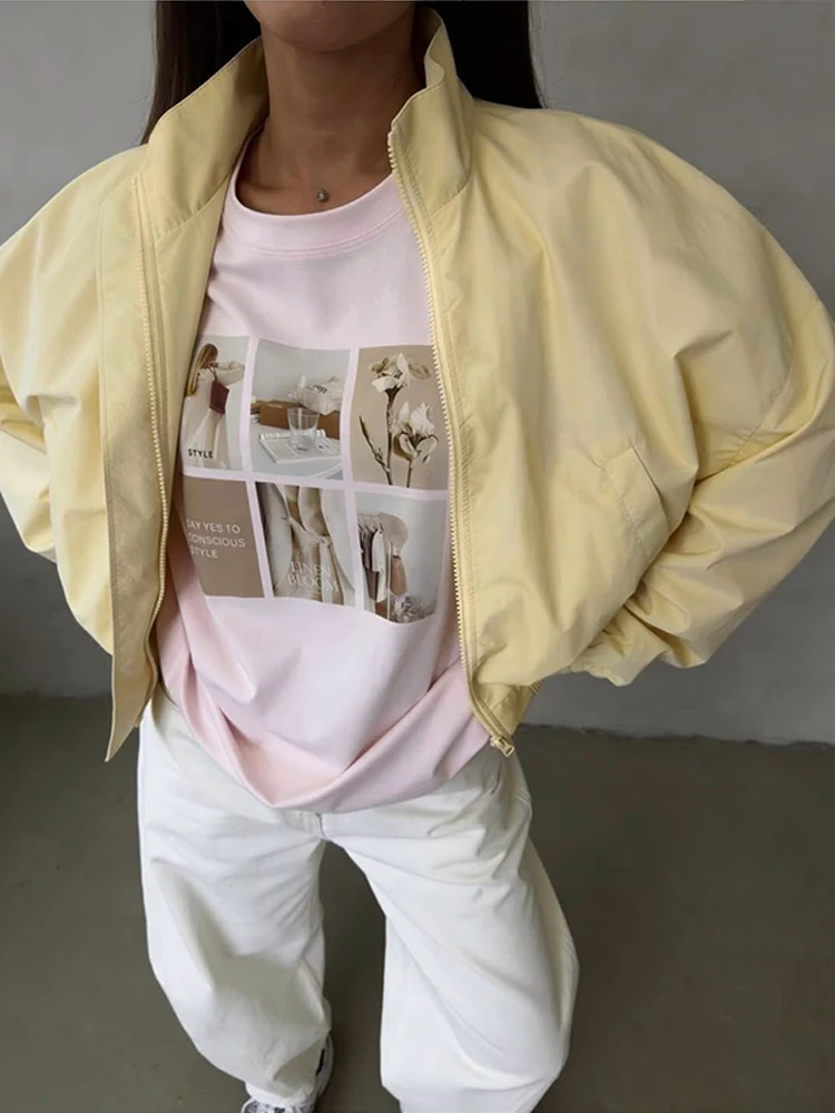 Damenjacken mit Stehkragen, Langarm, Oversize Kurzmäntel, Street-Style mit Laternenärmeln, Gerüschter Loser Mantel, Schicke Neue Oberbekleidung – Detail 7