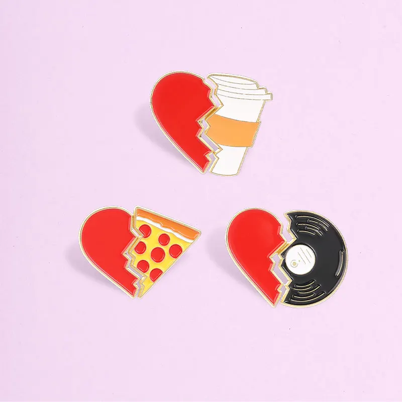 Split Heart Food Vinyl Record Enamel Badge Cute Broken Heart Pin Brooch Metal Lapel Decoration For Jacket Backpack Gift