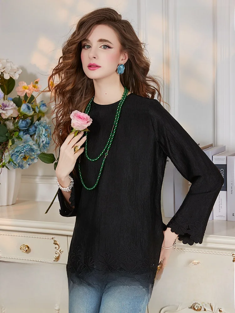 

Fashionable Long Sleeve Women's Shirt Acetate Embroidery Spring Lightweight Unique Design Casual Style round Neck Top