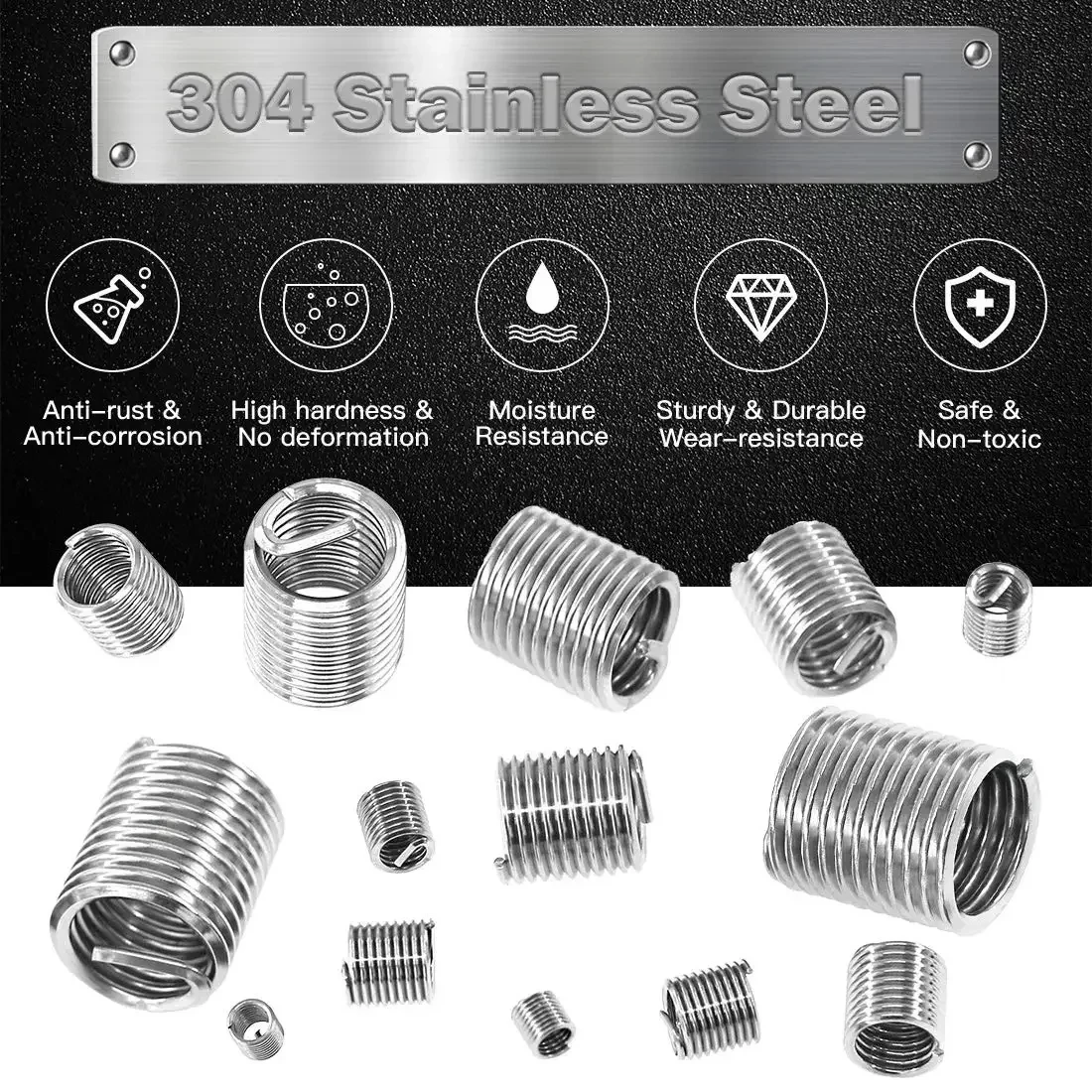 Insertos de Rosca de Alambre M3 M4 M5 M6 M8 M10 M12, Insertos de Rosca de Fijación, Funda de Rosca de Alambre en Espiral de Acero Inoxidable, Kit de Reparación de Desgaste