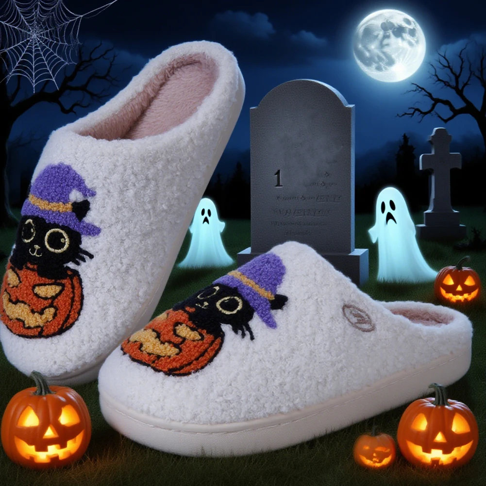 

Black Cat Pumpkin Warm Slip-on House Shoes Comfortable Thermal Couple Slippers Non-Slip Soft Furry Slipper for Indoor Bedroom
