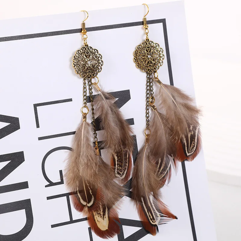 Ethnic Long Feather Earrings Women Bohemian Vintage Gold Color Hollow Flower Handmade Chain Dangle Earring Party Wedding Jewelry