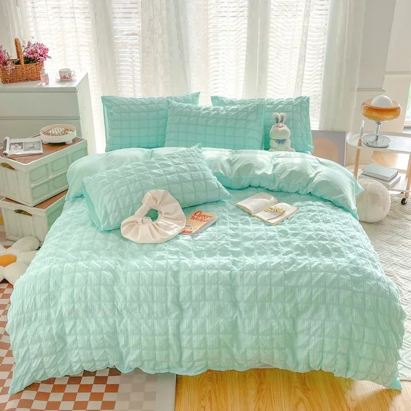 Check Bubble Fabric Bed Set Pucker Duvet Cover Pillowcase Bedding Set Bed Sheet Quilt Cover Single Queen King Size 4 Pieces Sets