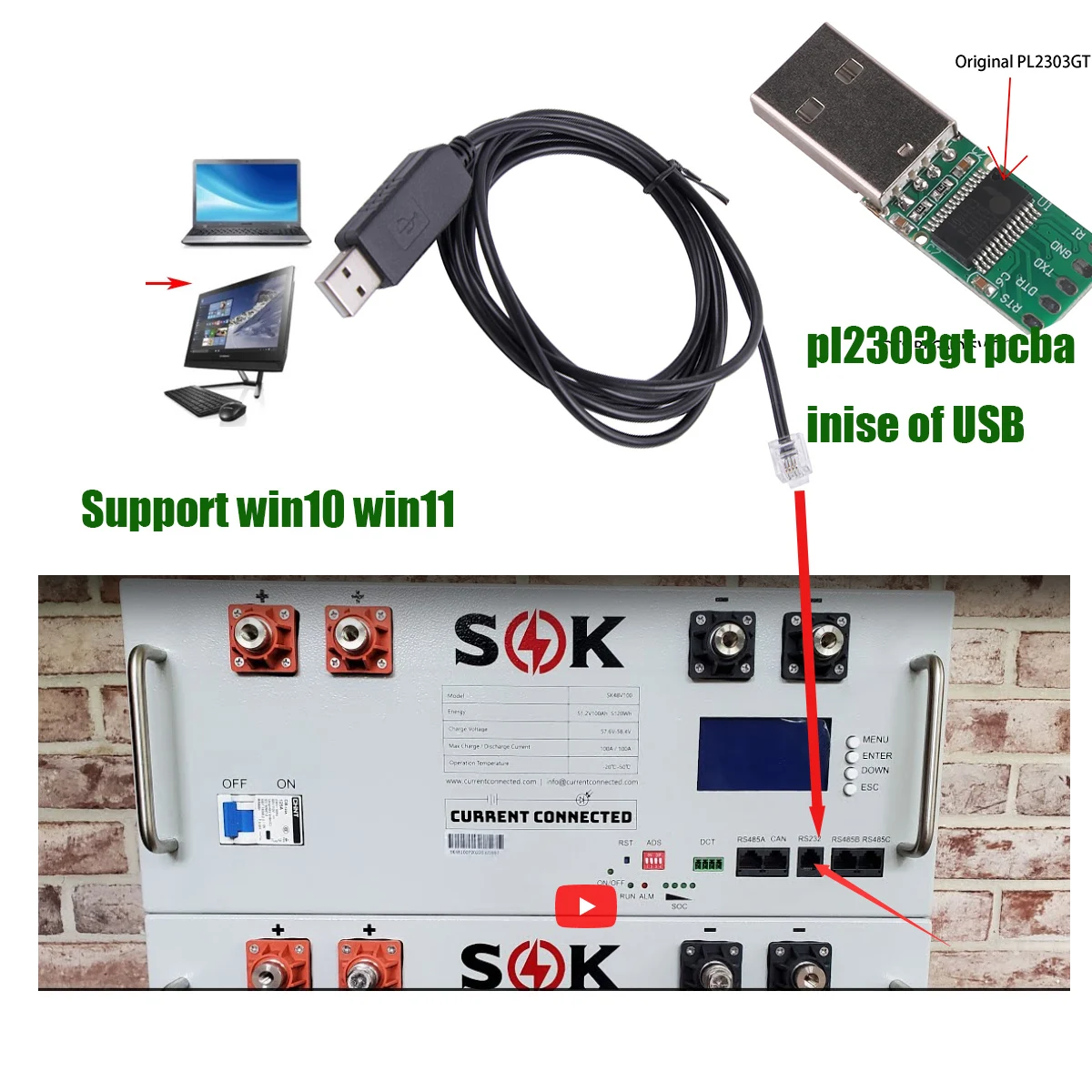 

SOK 48V100Ah PL2303 Chip USB to RJ12 Pro Server-Rack Battery to a PC Communication Cable