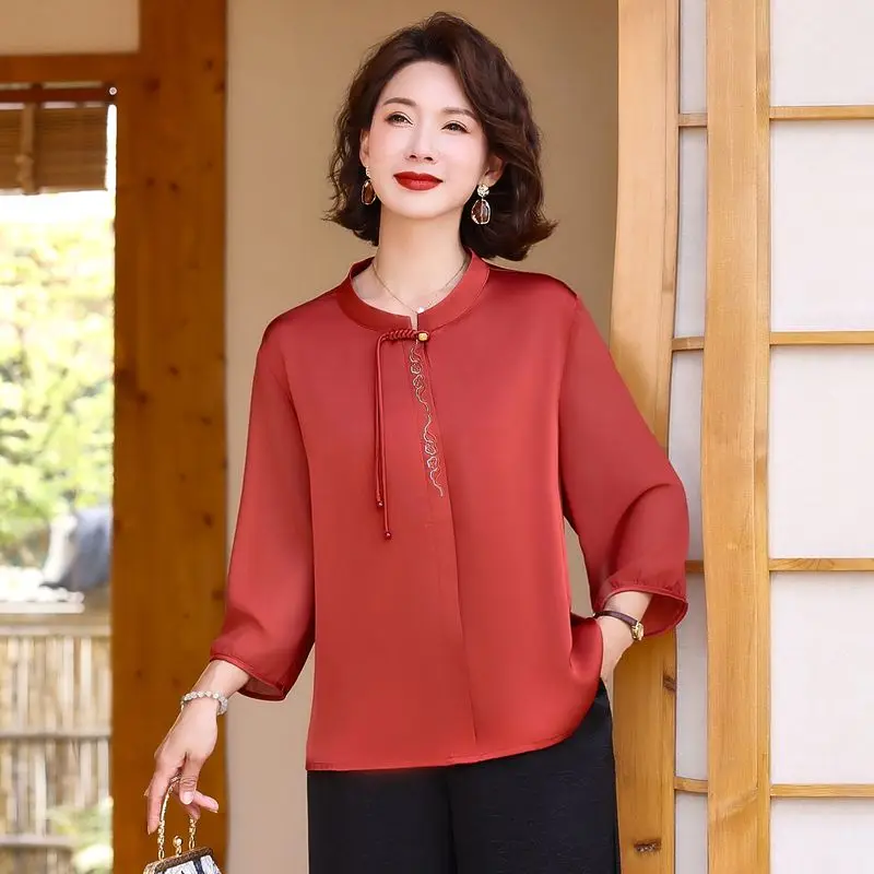 Female Spring Summer Korean Fashion Button Solid Color O-neck Women Clotheing Chinese Style Embroidered Long Sleeve Satin Top Te