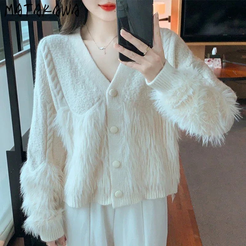 

Matakawa Autumn Winter Women Sweaters Patchwork Solid Thick Korean Fashion Cardigans Warm Sweet Casual V Neck Sueteres Mujer