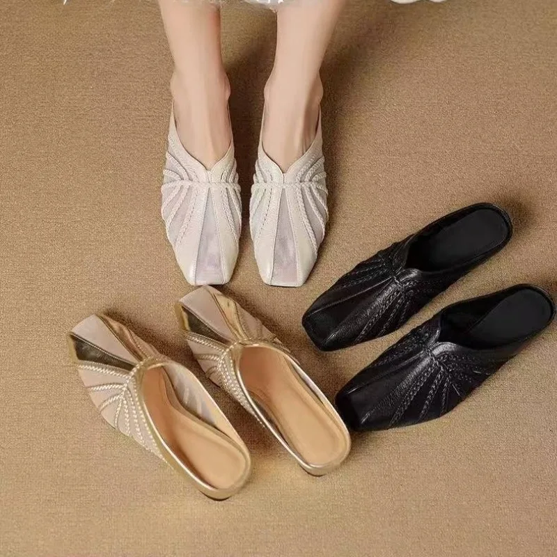 

Сетчатые полые женские полутапочки Baotou, новинка 2023 года, летние шлепанцы с квадратной головкой на среднем каблуке, крутые шлепанцы на танкетке, женские шлепанцы