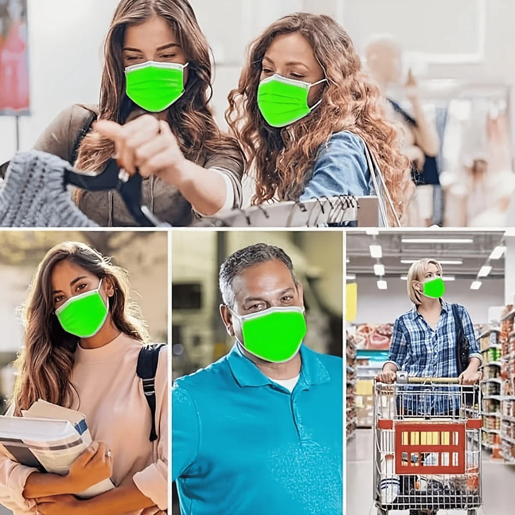 200 unidades de máscaras protetoras descartáveis verde fruta – 3 camadas espessadas, respiráveis e confortáveis, presilhas para os ouvidos ajustáveis e protetores de nariz com segurança ajustados - 200/100/50/10 peças,