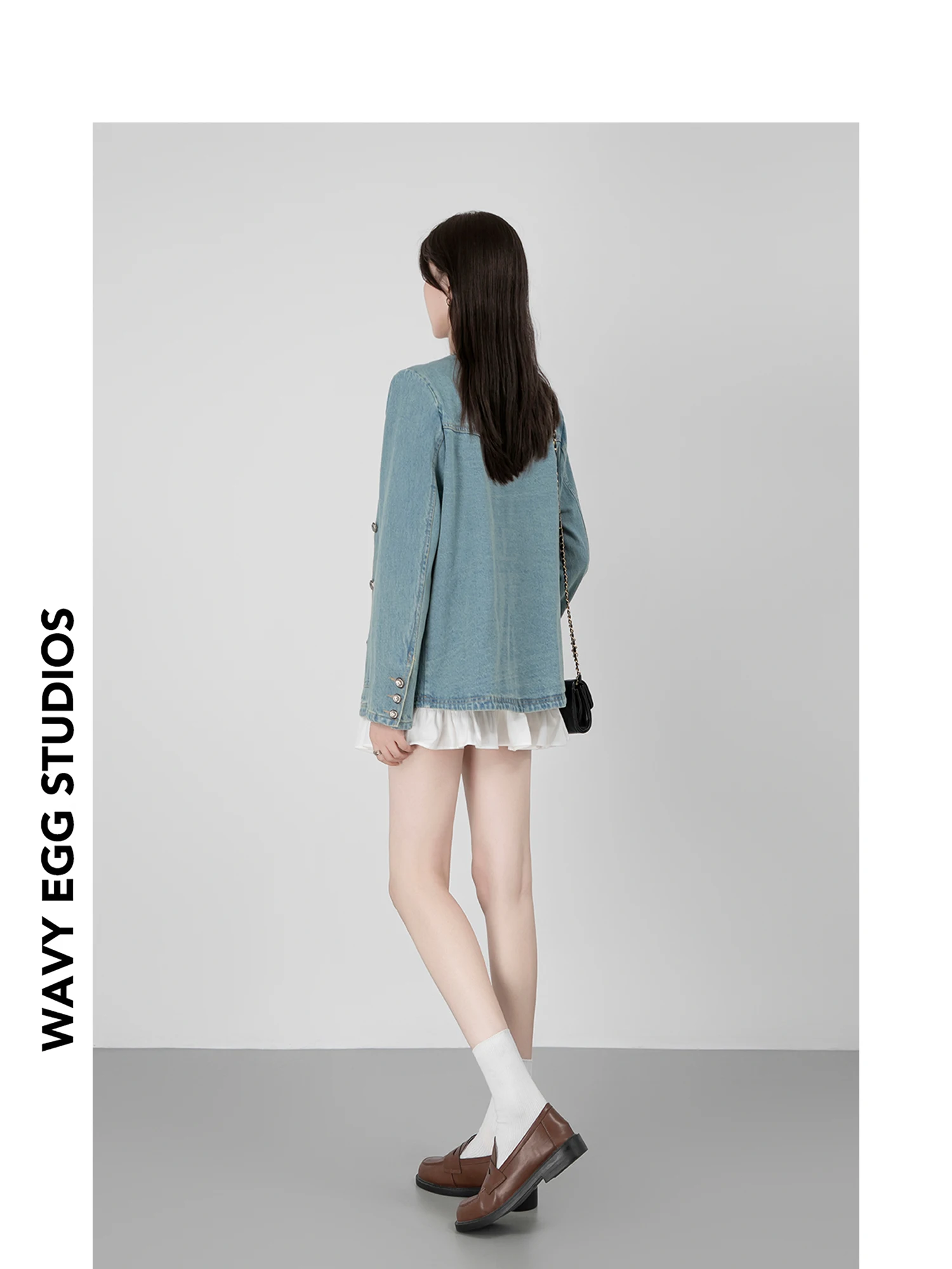 

Wavy Egg Denim Jaet Women's Slim Fit round Ne ort Outerwear Retro Sle Long Sve Mid-Length Faion for Ladies