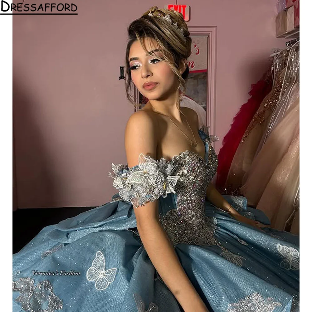 

Light Blue Princess Ball Gown Quinceañera Dresses Beads Appliques Crystal Gems Birthday Party For 15th Girls Customized