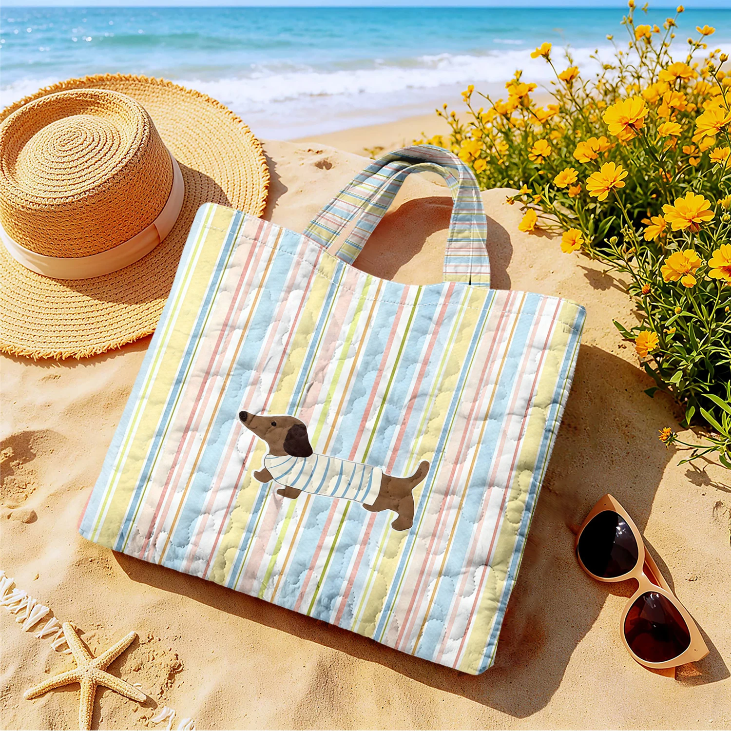 Pastel Stripe Dachshund Large Capacity Canvas Shoulder Bag Dual Side Print Tote Bag Daily Shopping Bag Fashion Gift Handbag