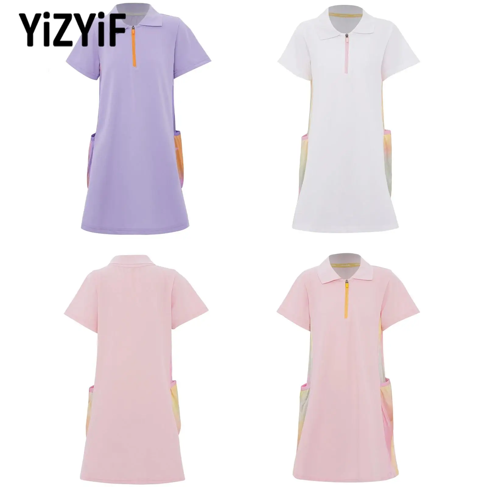 

Contrast Color Tennis Dress for Girls Kids Sports Dresses Short Sleeve T-shirt Dress with Pockets for Golf Badminton Training