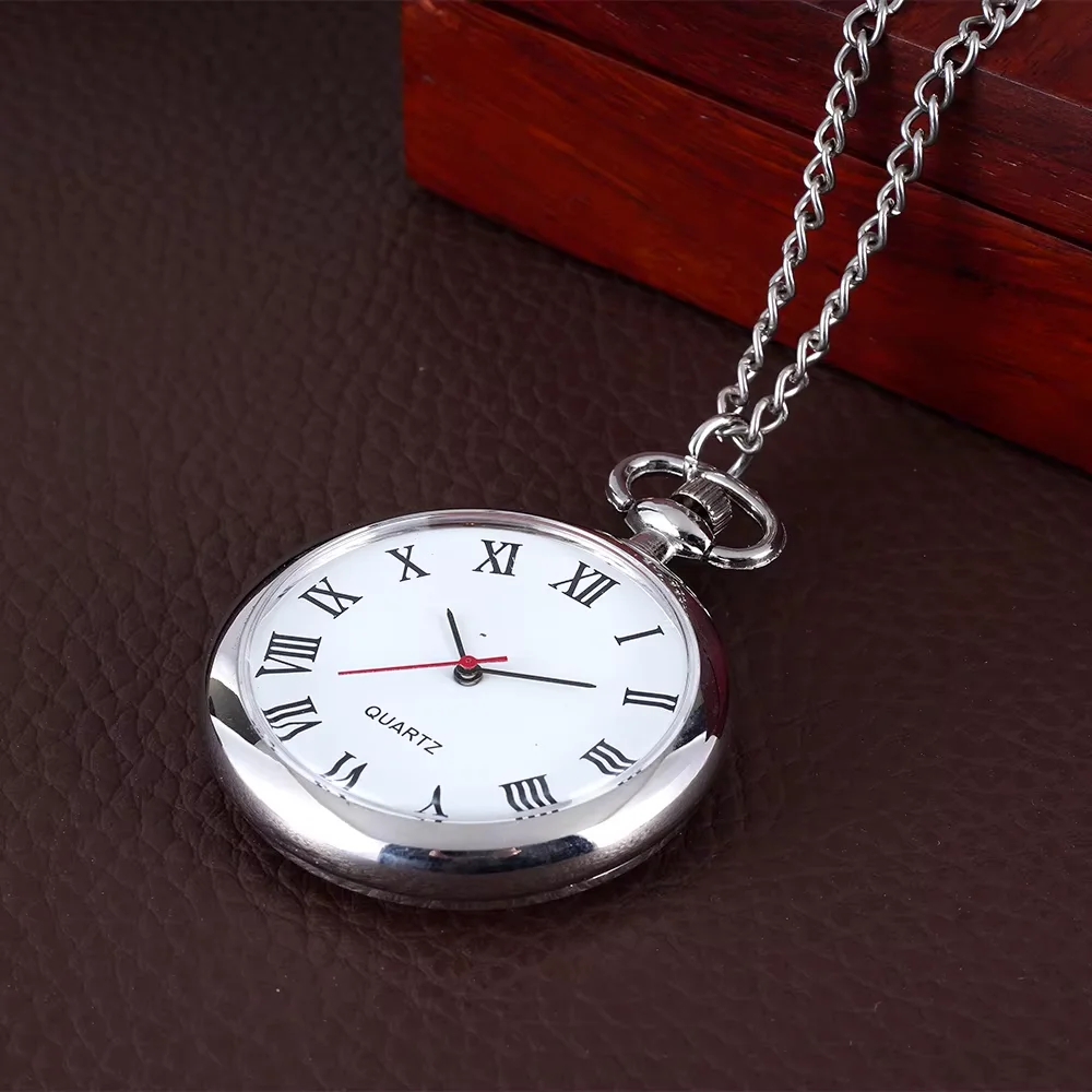 Single case silver pocket watch Roman scale white quartz watch clamshell long necklace watch
