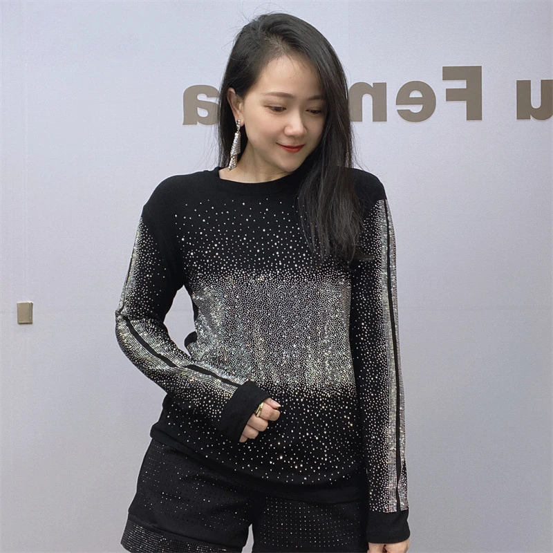 

2024 Blingbling Babysbreath Hot Drilling Women Basic Top High Stretch Long Sleeve T-shirt O-neck Spring Autumn Causal Black Tees