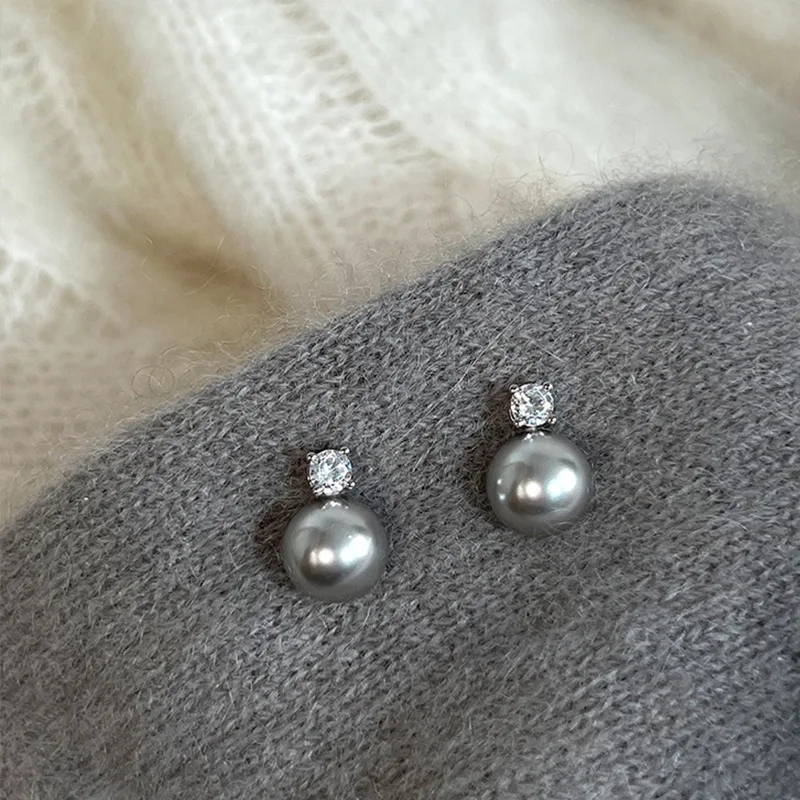 2023 New Arrival Simple Temperament Gray Pearl Zircon Stud Earrings For Women Fashion Water Drop Crystal Jewelry Gifts