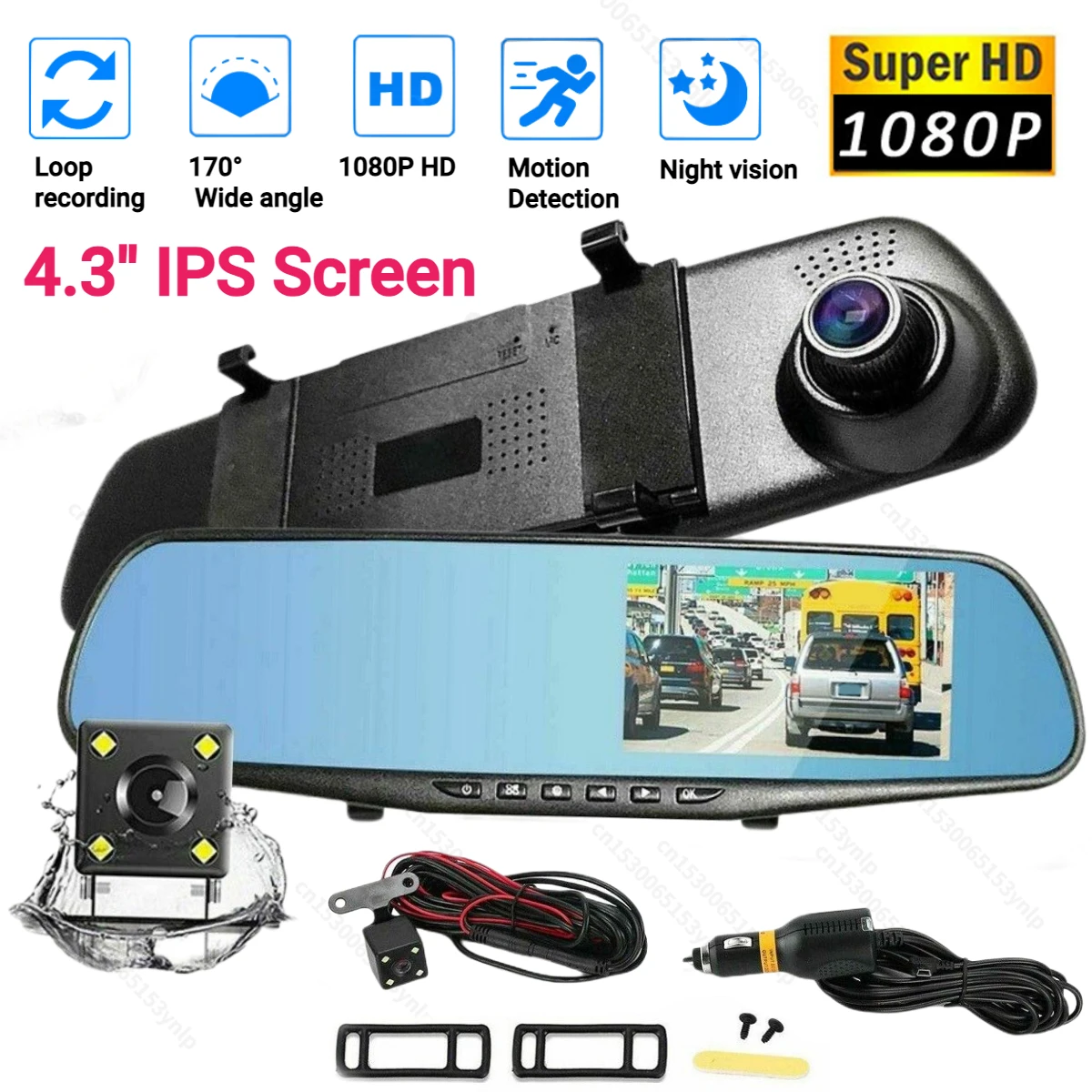 

4.3'' 1080P Dual Lens Car DVR Mirror Dash Cam Vehicle Recorders Rear View Auto Video Camera Motion Detection 24H Parking Monitor