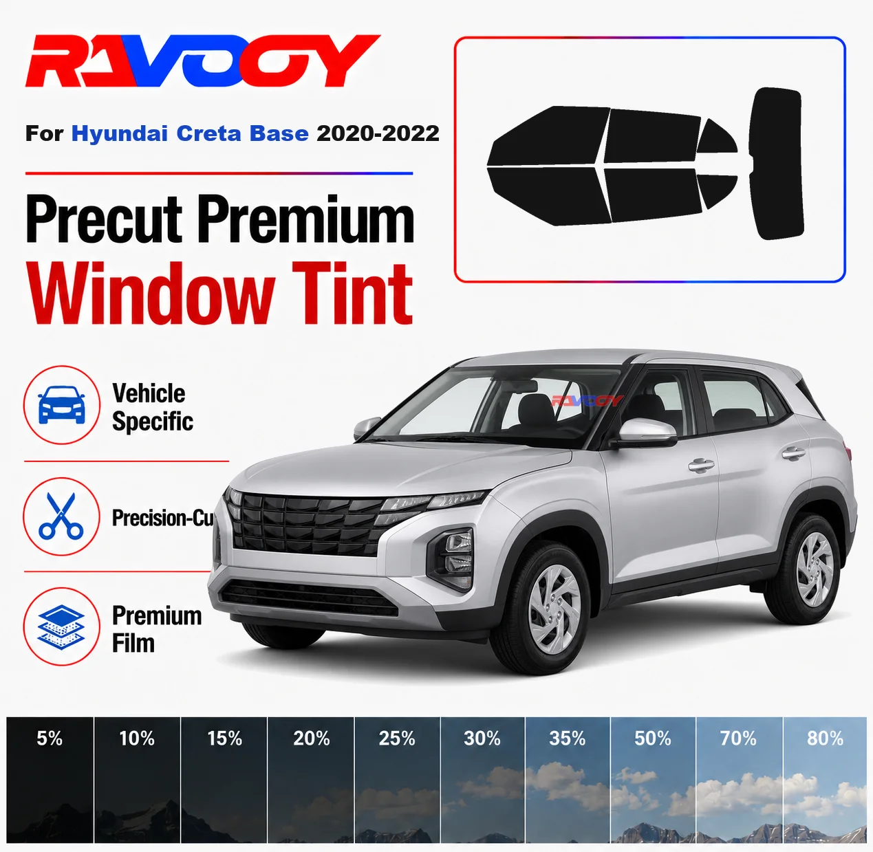 Premium Precut Window Tint Kit Front Rear Windows Rear Windshield For Hyundai Creta Base 2020-2022 Car Solar Nano Ceramic Film