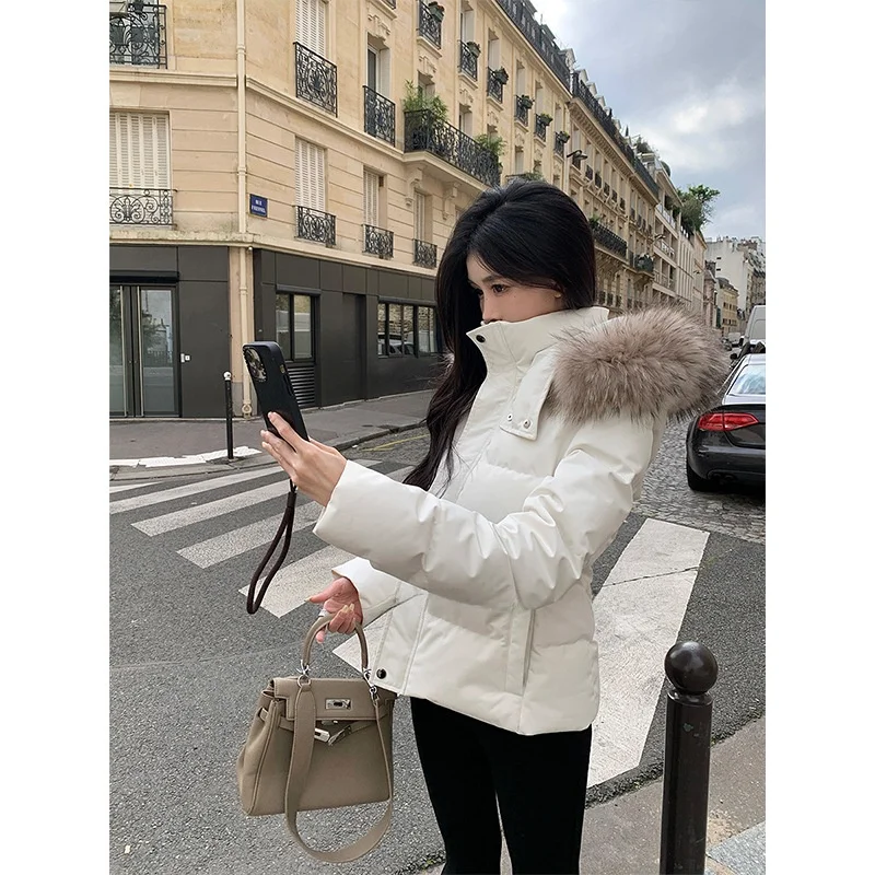 

Women's Short Waist-Cinching Puffer Jacket 2025 New, Slim Fit Coat with White Duck Down & Fur Collar, Warm Zippered Winter Coat