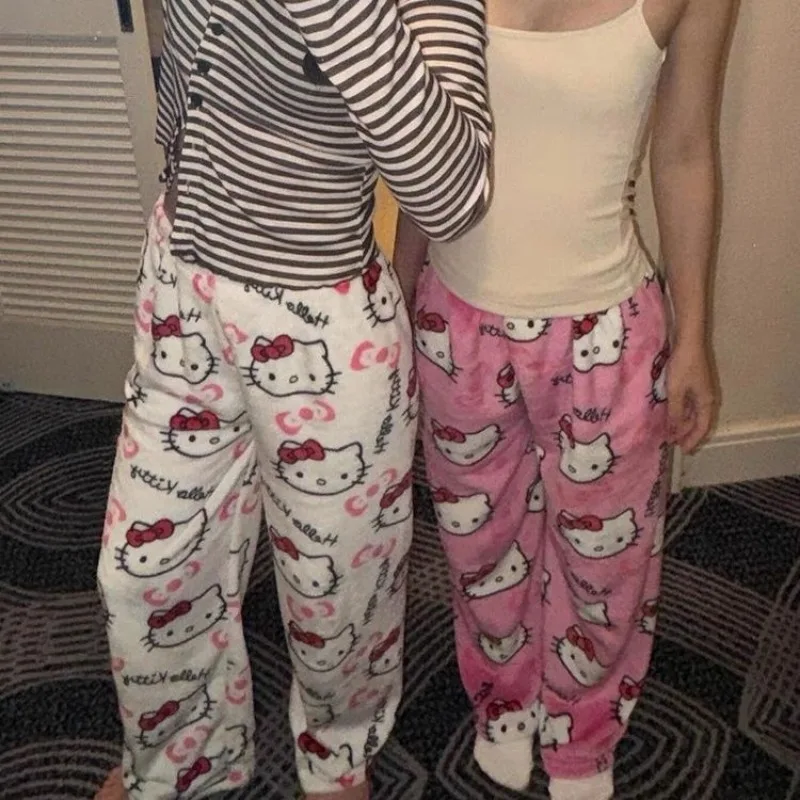 

Sanrio Hello Kitty Flannel Pajamas Black Women'S Warm Woolen Cartoon Casual Home Pants In Autumn Winter Fashion Trousers