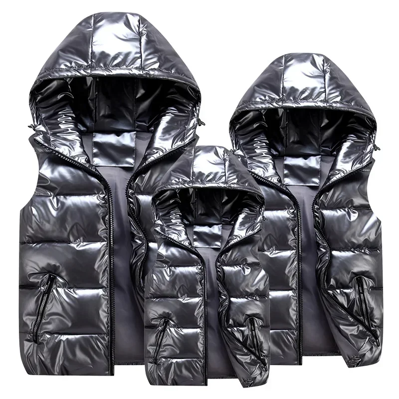 

Man/woman/ child Vest Winter Hooded Glossy Cotton Casual Waistcoat Men's Sleeveless Jacket Warm Overcoats Hat Jackets Vests