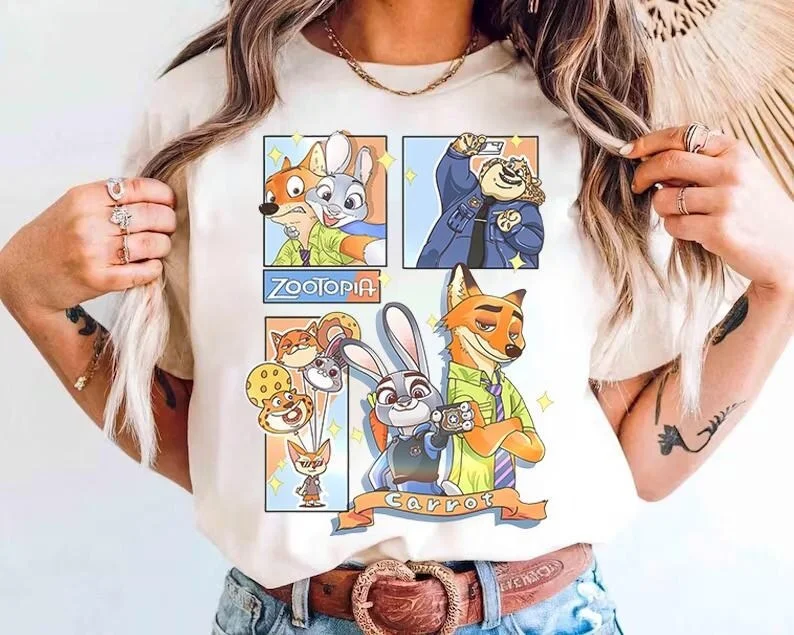 

2026 Hot Disney Collection Zootopia 2 Judy Hopps Nick Wilde T-shirt New Oversized Men and Women Couple Casual Street Wear P09