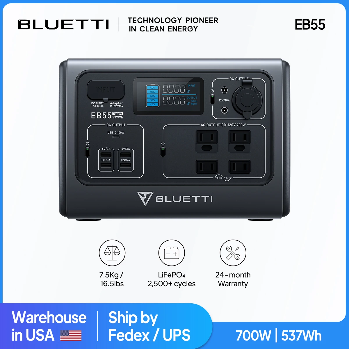 

[US Plug] BLUETTI EB55 700W 537Wh Portable Power Station LiFePO4 Battery Solar Generator Battery Power Supply Outdoor Camping