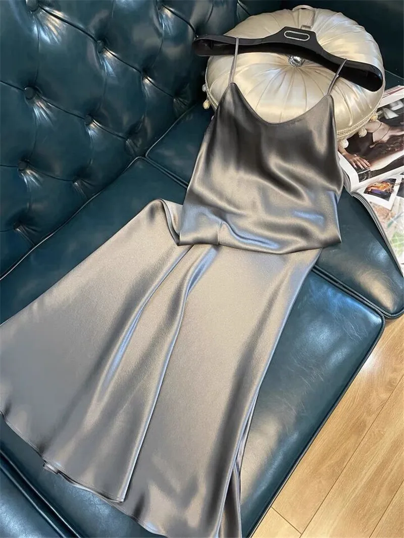 Women Slip Dress Satin Sleeveless V-Neck Solid Silk Elegant Vintage Lady 2026 Summer Female Long Spaghetti Strap Dresses Vestido
