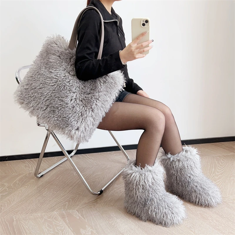 Hot Sale Ins Fashion Long Women Furry Boots Bags Set Winter Knee Length Keep Warm Ladies Snow Boots