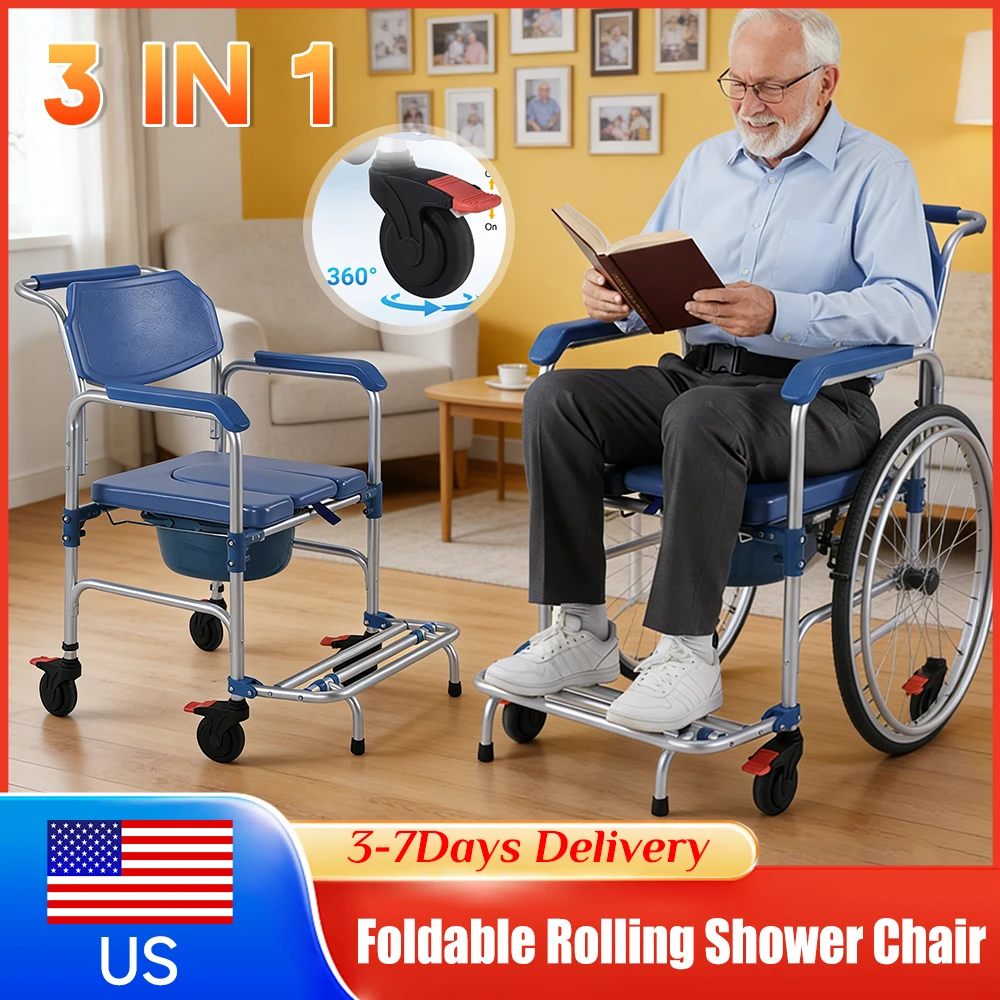 

Foldable 3 in 1 Shower Chair with Drop Arms Removable Bucket Bedside Commode Chair Anti-Tilt for Elderly Pregnant Disabled New ﻿