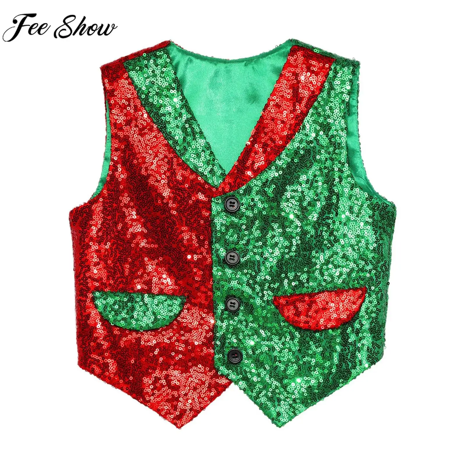 Kids Christmas Sequin Vest Halloween Theme Party Circus Magic Show Cosplay Costume Choir Jazz Dance Stage Performance Waistcoat