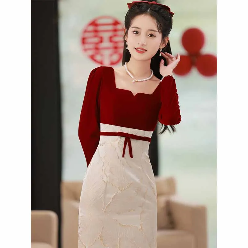 Sexy Wrapped Hip Dress Autumn Winter Velvet Slim Cheongsam Bridal Engagement Wedding Toast Clothes Vintage Elegant Party Dresses