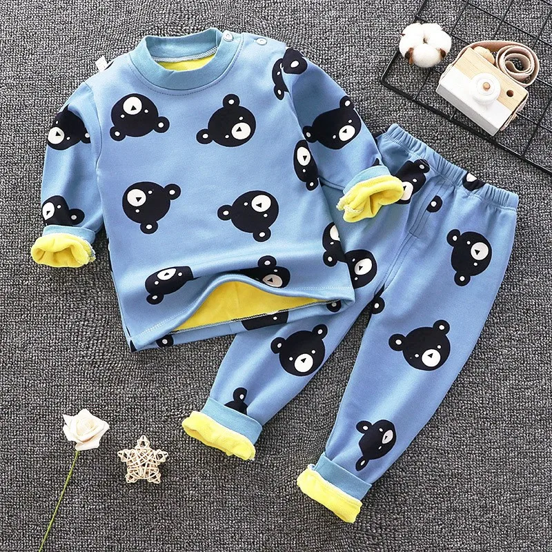 Winter Toddler Baby Plush Velvet Thermal Underwear Suit Girls Cartoon Clothes Autumn Kids Boys Pajama Sets Warm Sleepwear New