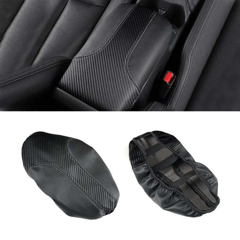 For Nissan X-Trail Rogue 2014 - 2020 Interior Center Console Lid Armrest Box Elastic Band Cover Trim Black+Carbon Leather Splice