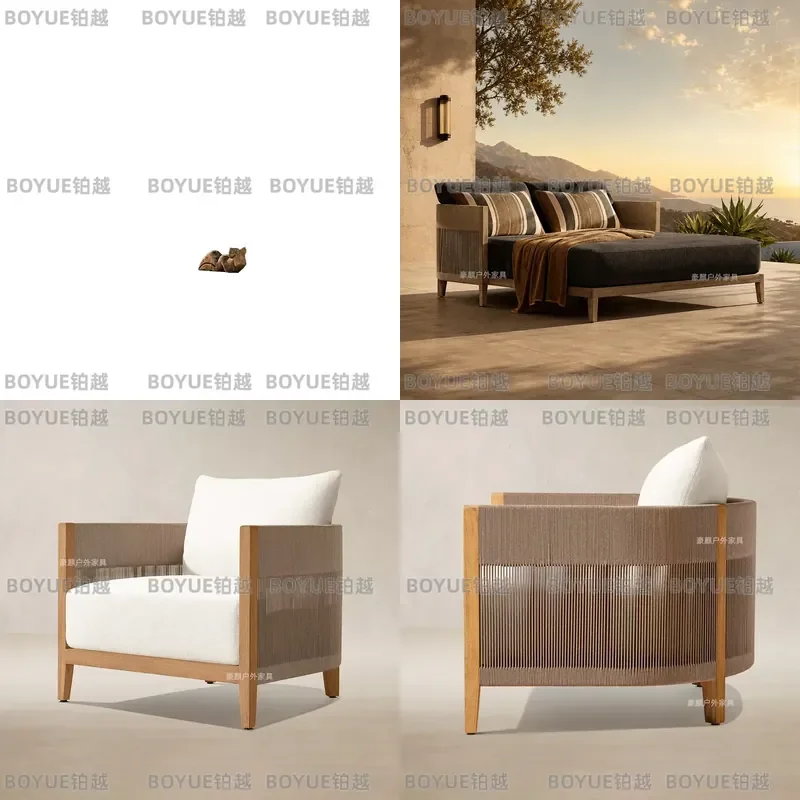Teak Rope Outdoor Patio Sofa Garden Swing Solid Wood Rattan Furniture for Hotel Homestay Backyard Lounge Seating