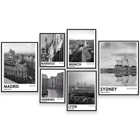 Valencia, Barcelona, Sydney, Marseille, Lyon, Madrid, Los Angeles, Munich, Hamburg black and white photo travel poster