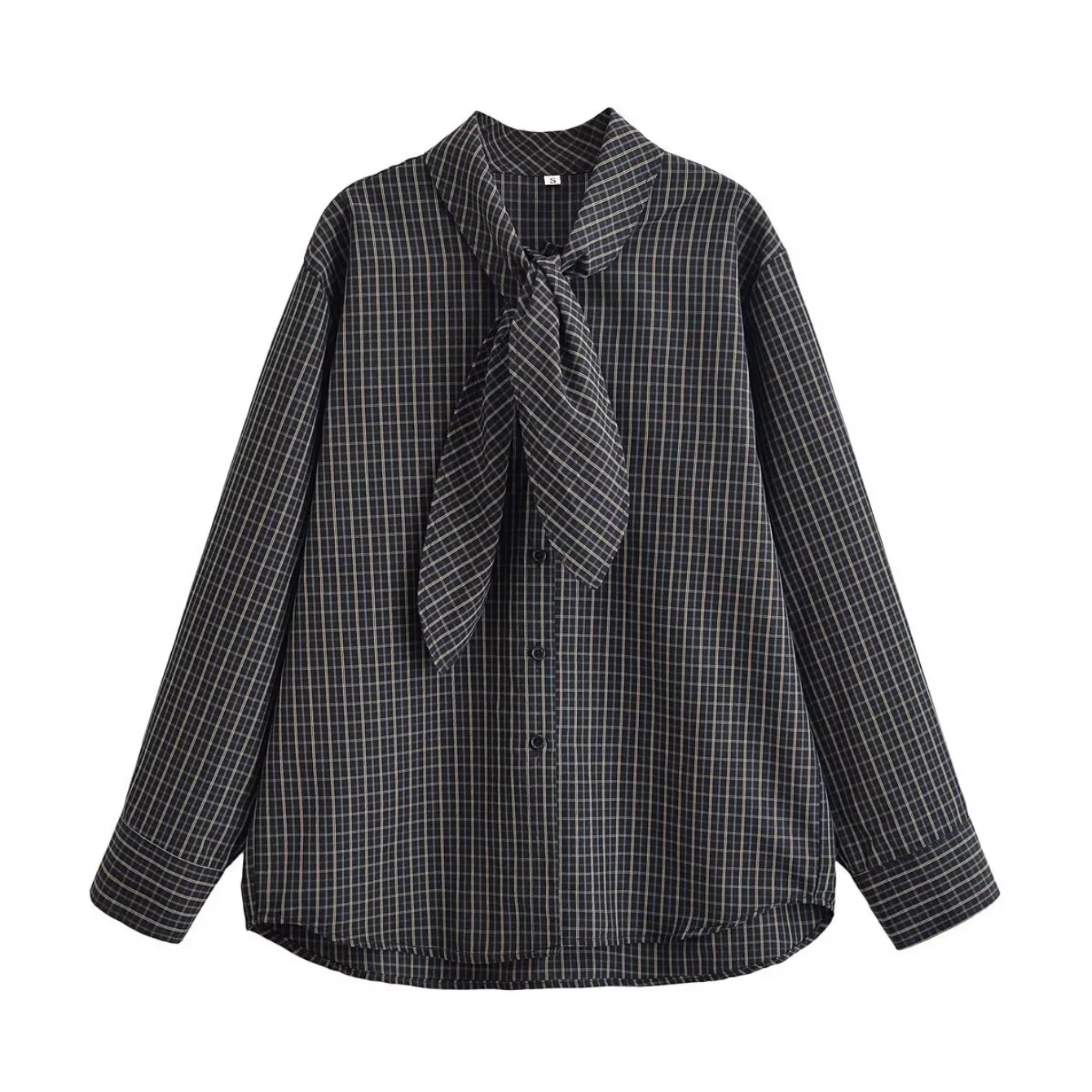 Damska koszula z szalowym kołnierzem na wiosnę, damska koszula z długim rękawem, zapinana na guziki, w kratę, modna, vintage, codzienna, elegancka bluzka.