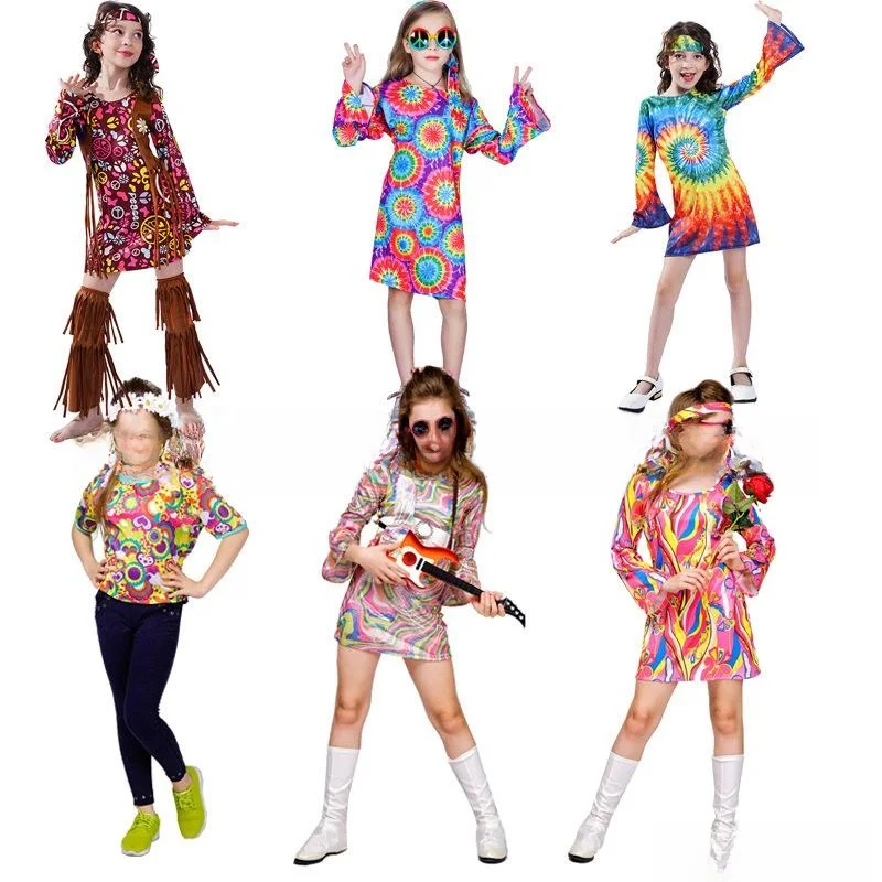 

Костюм хиппи для маленьких девочек, сценический костюм на Хэллоуин 70-х годов, детская традиционная этническая одежда, женская мода