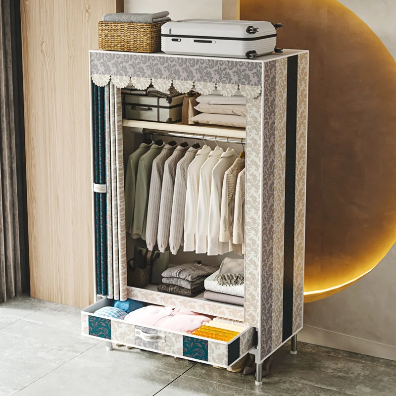 Vintage European-Style Printed Fabric Wardrobe with 1 Storage Drawer, Heavy-Duty Reinforced Metal Frame Portable Wardrobe, Dust-Proof Multi-Layer Clothing Storage Cabinet, Suitable for Bedrooms, Dormitories, and Rental